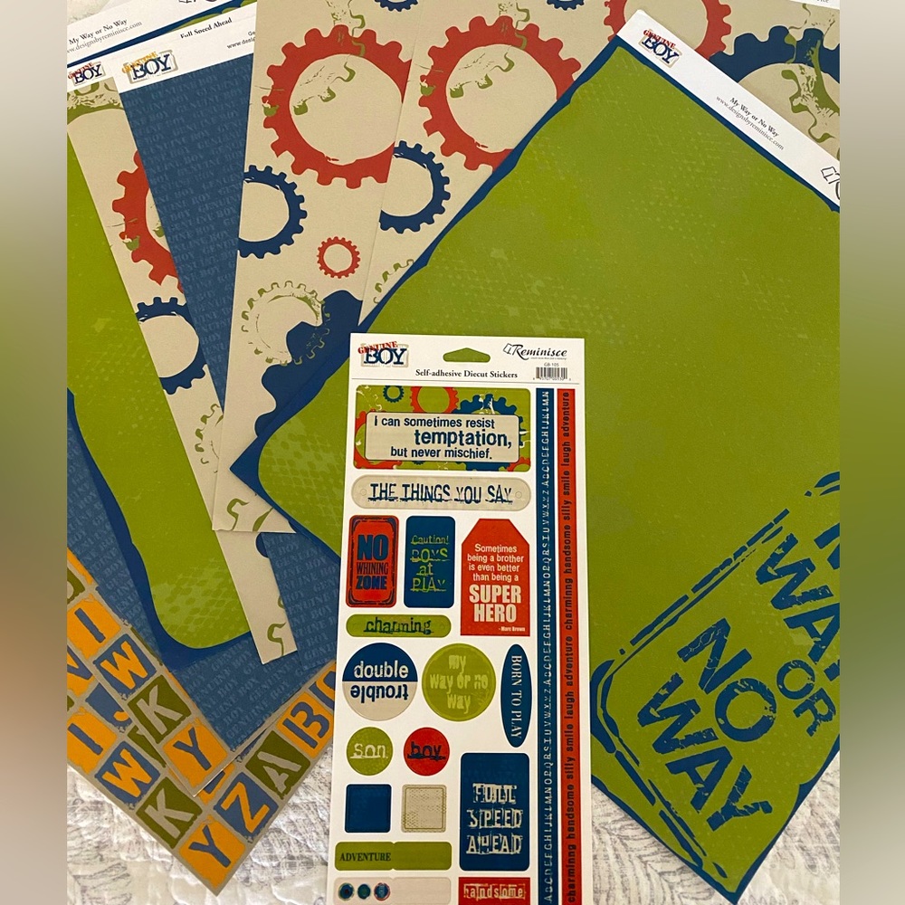 🔩 REMINISCE “GENUINE BOY” STICKERS & SCRAPBOOK PAPER BUNDLE. RETIRED DESIGN!